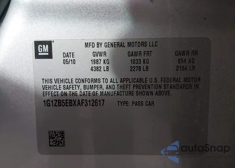 2010 Chevrolet Malibu Ls z USA, uszkodzony, nr VIN 1G1ZB5EBXAF312617